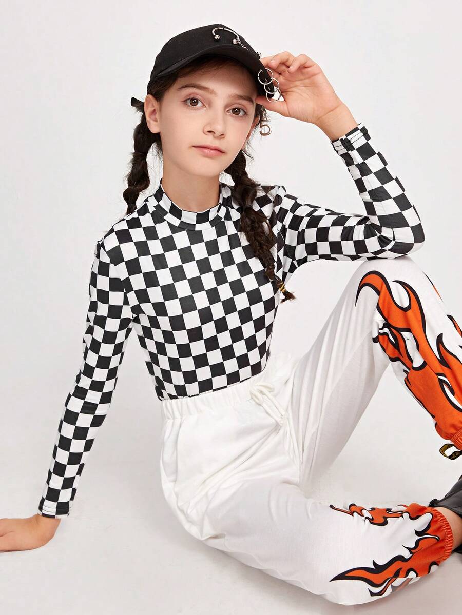 SHEIN Leap Crew Cô gái Tween Cổ giả Kiểm tra máy Áo - Đen và trắng - Xem 1