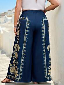 SHEIN CURVE+ Curve 尺码 US22 音乐节、海滨度假、波西米亚风女士热带植物印花长裤，休闲度假沙滩夏季超长阔腿裤 - 彩色 - 查看 2