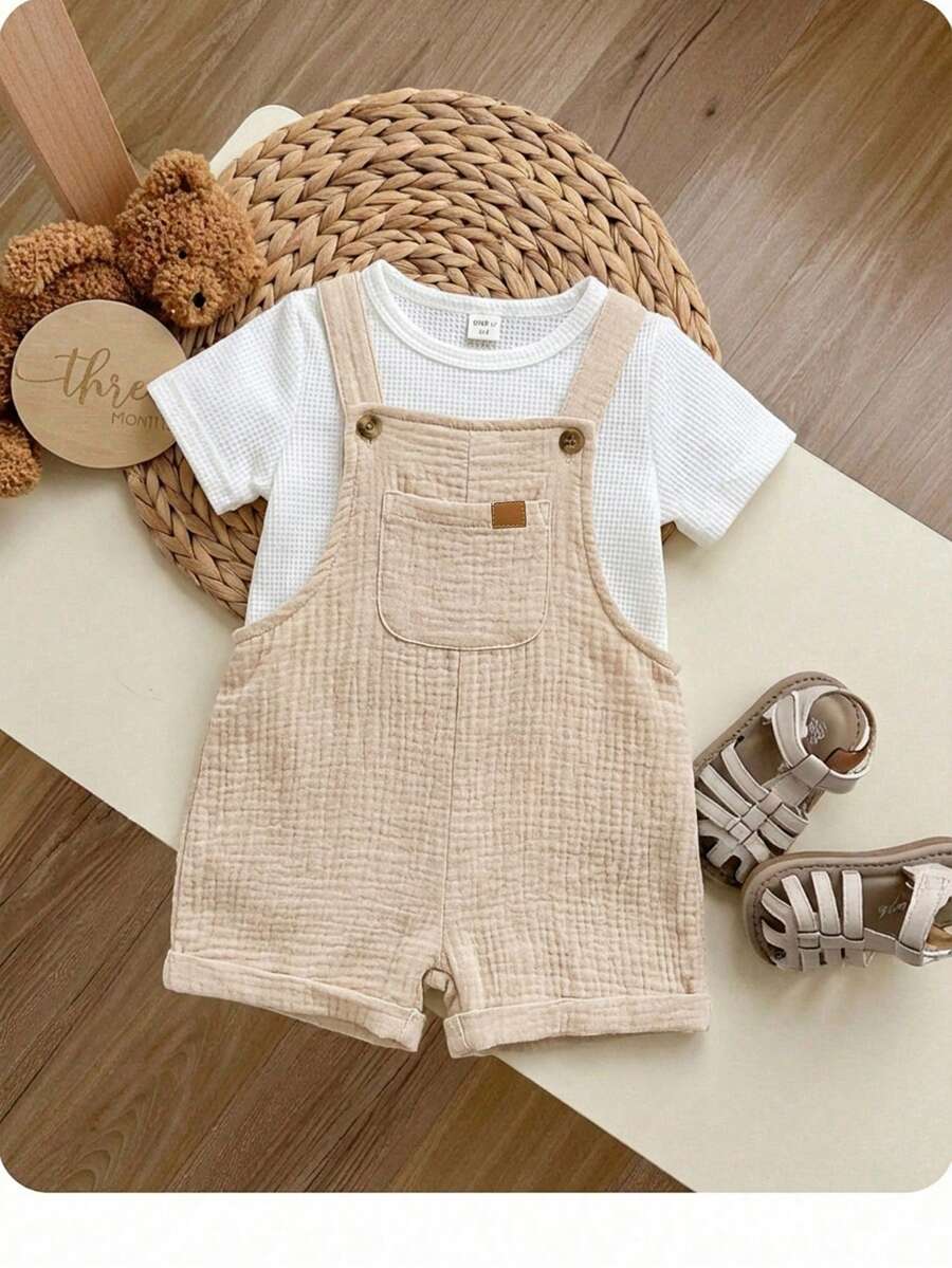 Newborn Baby Boy Cute Versatile Solid White Gauze Bib Pants Romper, Spring/Summer Unisex Baby Clothes Baby Bou Clothes Cotton Baby Clothes Babies Clothes For Boy Baby Summer Clothes - Apricot - View 1