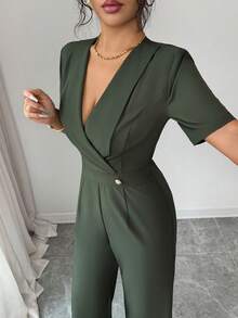 SHEIN Elenzya 女士简约纯色交叉领短袖连体裤，适合通勤和夏季穿着 - 軍綠色 - 查看 4