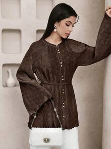 Veilorie New Textured Pleated Tie-Cinched Waist Elegant Versatile Daily Wear & Party Blouse - Brown - View 6