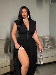 NU&NOW Plus Size Gothic Split Hem Dark Sexy Waist Cinching V-Neck Jumpsuit - Black - View 3