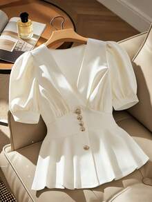 GlowEve CURVE Plus Size Women Pleated Bubble Short Sleeve Blouse - Beige - View 1
