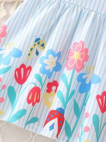 2件套女婴蓝白条纹碎花吊带连衣裙+遮阳帽，幼儿可爱碎花A字连衣裙套装，适合夏季外出 - 彩色 - 查看 3