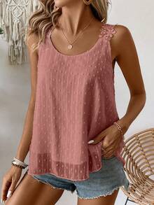 EMERY ROSE Women's Summer Casual Swiss Polka Dot Patchwork Lace Strap Camisole - Dusty Pink - View 3