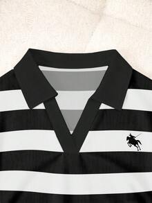 Resyla Blusa casual de mujer con cuello polo, manga corta y estampado de caballero a rayas, para verano - Blanco y Negro - Ver 3