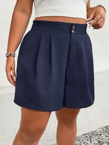 SHEIN LUNE CURVE Plus Size Women's Woven Casual Loose Comfy Shorts With Side Pockets, Navy Blue, Summer - Navy Blue - View 3