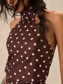 Easelle Áo kiểu cổ yếm chấm bi màu nâu dành cho nữ - màu nâu - Xem 6