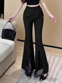 DAZY Women's Elegant Solid Color Lace Patchwork Flared Pants Women Dress Pants - Black - View 3