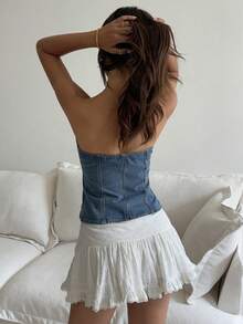 Women's Solid Color Front Button Slit Casual Tube Top Denim Blouse - Blue - View 3