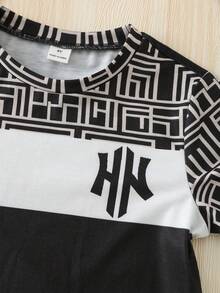 SHEIN 2件套男童撞色针织软领短袖上衣和松紧腰短裤 - 彩色 - 查看 6