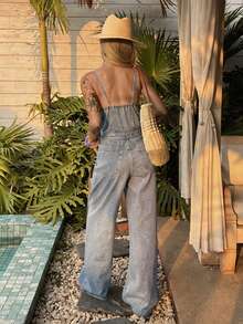 Bộ áo liền quần không tay cổ tròn dành cho nữ, bộ áo liền quần denim wash kiểu dáng thường ngày. - Rửa nhẹ - Xem 6