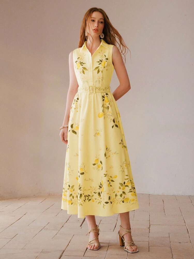 WOMEN'S LEAF PRINT FITTED WAIST SLEEVELESS HIGH-END A-LINE YELLOW DRESS