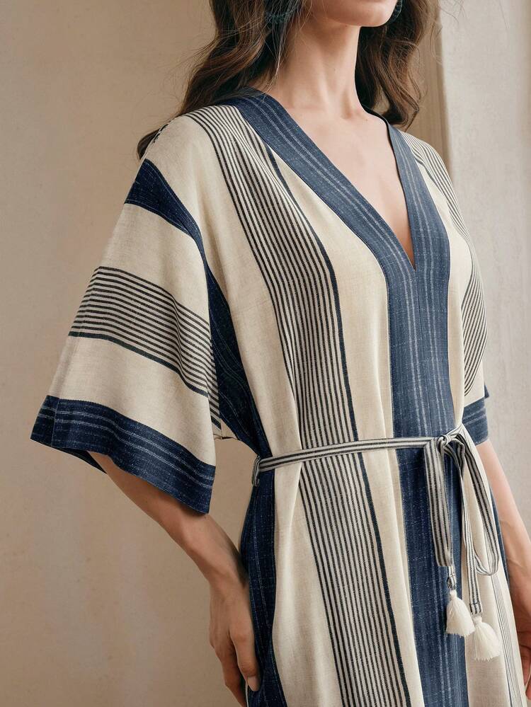 Loose V-Neck Printed Beach Dress, Striped, Vacation Style, Spring/Summer