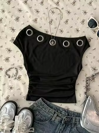 Attitoon Camiseta corta asimétrica con pliegues y decoración de ojal, estilo minimalista y casual para mujer, adecuada para primavera y verano
