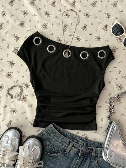 Attitoon Camiseta corta asimétrica con pliegues y decoración de ojal, estilo minimalista y casual para mujer, adecuada para primavera y verano