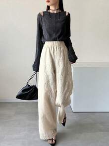 FRIFUL Pantalones rectos de mujer de tela de encaje transparente de color beige sólido, pantalones casuales sueltos y versátiles - Albaricoque - Ver 2