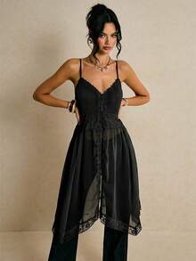 Poéselle Áo hai dây ren phối họa tiết gợi cảm thời trang nữ - màu đen - Xem 8