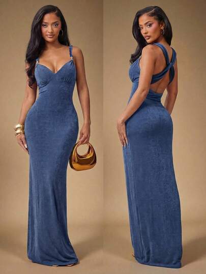 Radiana 女士性感优雅蓝色紧身连衣裙，露背设计，金属珠饰肩带，蓝色正式礼服，适合约会、聚会、生日、派对、宴会、正式场合。