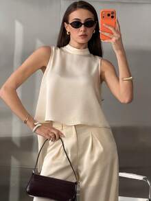 DAZY Women's Elegant Solid Color Mandarin Collar Top And Wide Leg Pants 2-Piece Set, Spring & Summer Lounge Sets For Women Short Sets For Women - Beige - View 1
