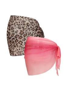Swim Oasis Bộ sản phẩm kết hợp: Chân váy chiffon màu hồng ombre họa tiết da báo cổ điển với thiết kế buộc dây bên hông, kiểu sarong quấn cho kỳ nghỉ của phụ nữ. - Nhiều màu - Xem 2