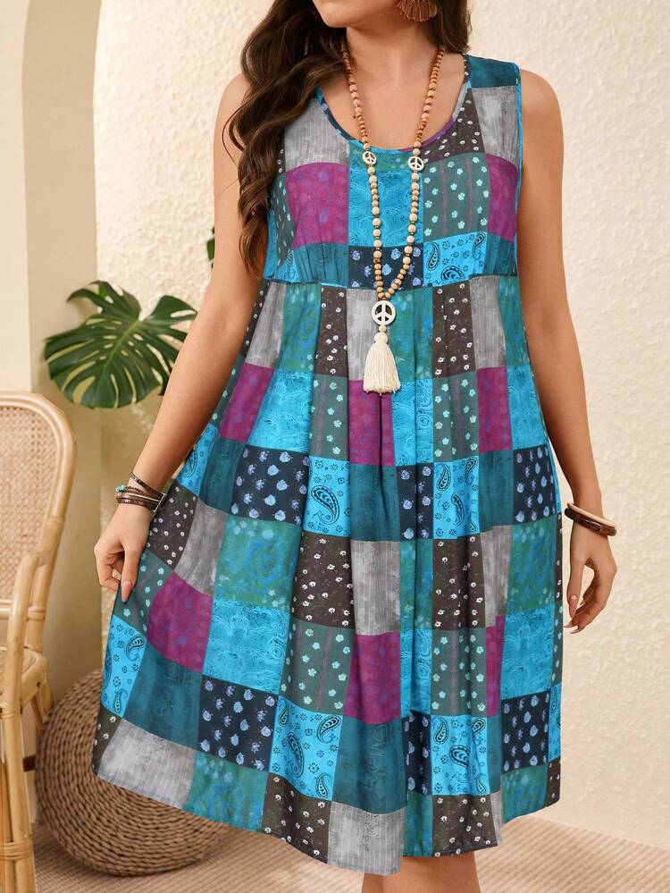 Plus Size Leisure Patchwork Printed Sleeveless Dress,Boho For Women/Summer,Western Wear Women,Vacation Outfits Woman