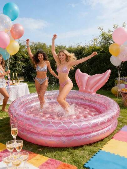1PC Round Inflatable Swimming Pool, Mermaid Shaped Inflatable Pool, Backyard Round Inflatable Pool, Inflatable Pool, Made Of PVC, Essential For Summer Water Sports And Pool Parties, Beach Swimming Games, Indoor/Outdoor Summer Beach Floating Swimming Pool