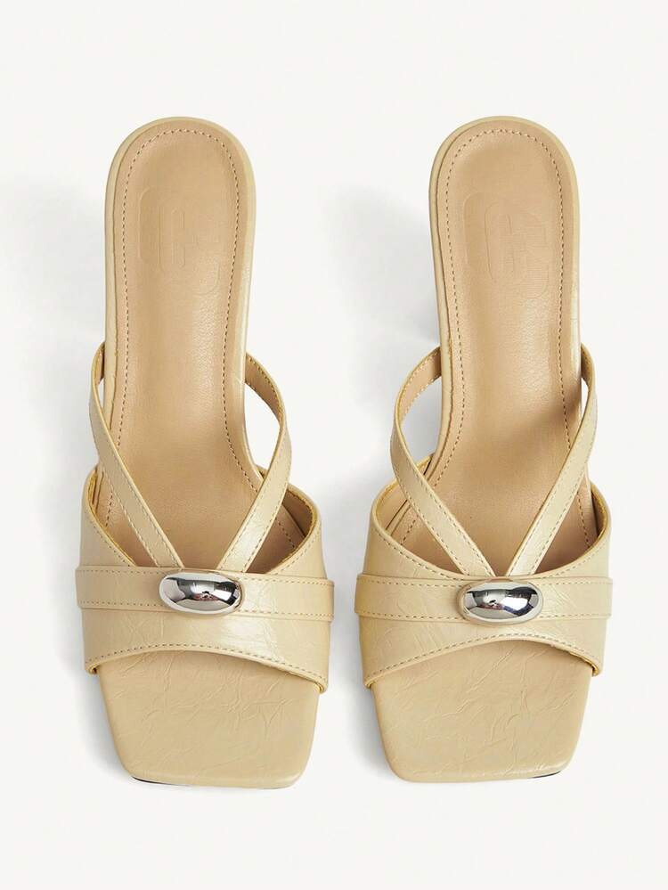 CUCCOO CHICEST Women Shoes French Metal Buckle Square Heel Sandals Apricot Versatile Banquet High Heel Sandals