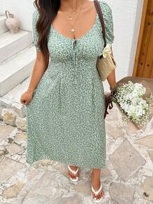 Sunnyshic Plus Size Diamond Collar Pattern Print A-Line Short Sleeve Dress - Multicolor - View 5