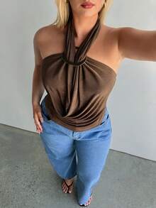 Auralis 大码性感纯色露背吊带上衣，夏季 - 棕色 - 查看 7