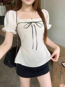 DAZY 女士方领韩版休闲短袖衬衫，春夏可爱上衣 - 杏色 - 查看 4