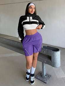 SHEIN SXY Pantalones cortos casuales con cintura elástica, plisados y versátiles con bolsillos para mujer - Morado - Ver 3