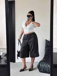 POPSWAY Quần lửng 7/8 kiểu dáng thanh lịch, thoải mái, cạp cao, ống rộng, dáng suông, tôn dáng, đa năng, phù hợp cho công sở mùa xuân và hè. - Đen và trắng - Xem 6