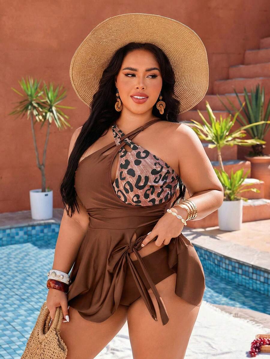 SHEIN Swim 2026 New Plus Size Women Summer Beach Vacation Spaghetti Strap Bikini, Solid Color Leopard Print Patchwork Design Brown Tropical Sexy - Coffee Brown - View 1