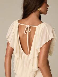 SHEIN BAE Women's Cream White 2-Piece Outfit,Ruffle Trim Top And Skirt Set,Summer Elegant Holiday Vacation Festival Outfits,Party Beach Wedding Guest Dress - Apricot - View 7