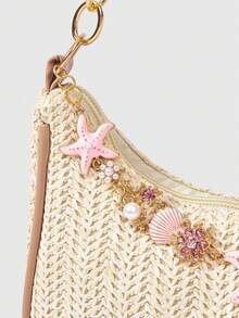 ROMWE Fairycore 1pc Summer Beach Starfish Series Shell & Seashell Woven Shoulder Hand Carry Bag, Beach Bag, Straw Handbag For Women (Charm Color & Style Randomly) , Summer - Multicolor I - View 4
