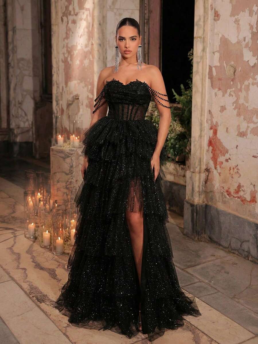 Glamrae Robe maxi élégante et luxueuse sans bretelles avec collier de perles, taille évasée avec baleinage en arête de poisson, patchwork de tulle transparent et sequins. Fente haute. Convient pour les mariages, événements, soirées célibataires, vacances, galas, occasions formelles (ornementation lourde)