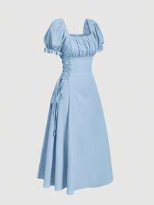 SHEIN MOD 女士纯色方领花瓣袖系腰中长连衣裙 - 淺藍色 - 查看 3