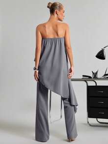 SHEIN Haute Bộ đồ nữ 2 mảnh gợi cảm, thoải mái, thích hợp cho công sở, gồm áo quây dáng rộng và quần dài ống loe. - Xám - Xem 2