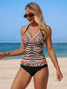 Swim Lushoire 2pcs Baju Renang Tankini Motif Leopard Patchwork untuk Wanita, Set Kamisol & Bikini Zebra Hitam dan Beige, Kontrol Perut untuk Liburan Musim Panas Kasual - MultiWarna - View 5
