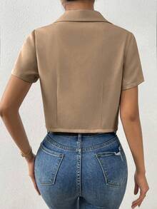 Pariaura Blazer Wanita Lengan Pendek Kancing Tunggal Warna Polos, Pakaian Kasual Musim Panas - Khaki - View 2