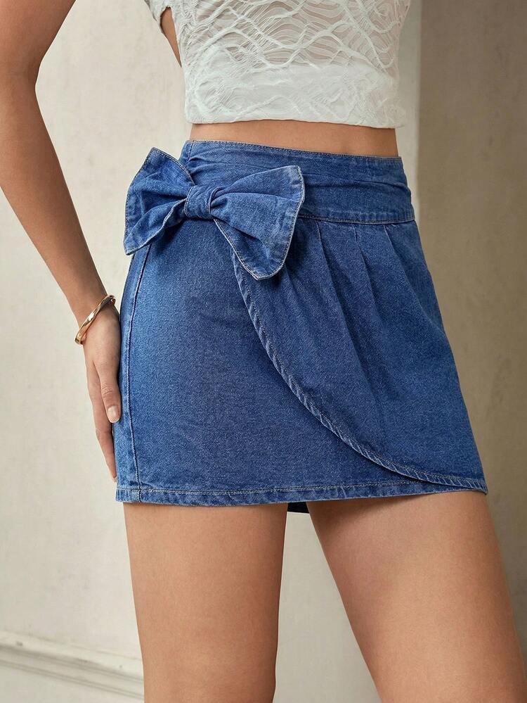 Solid Color Bow Decorated Wrapping Denim Skirt