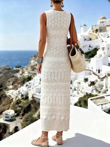 New Arrival European And American Fashion Vacation Casual Mixed Color Knit Sweater Dress - Cream - View 2