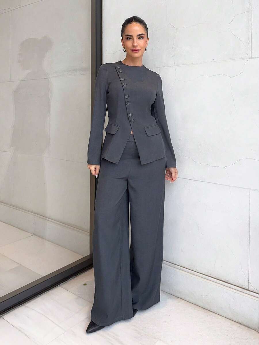 Marta Soriano 女士优雅通勤日常百搭街头时尚新款不对称翻领纽扣腰长袖西装外套和高腰长裤卡其灰色 2 件套西装套装 - 深灰色 - 查看 1