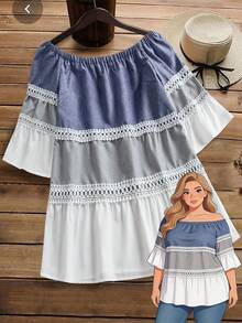 Rusticease 加大码女式乡村撞色拼接水溶蕾丝喇叭袖宽松娃娃衫，夏季女装 - 彩色 - 查看 1