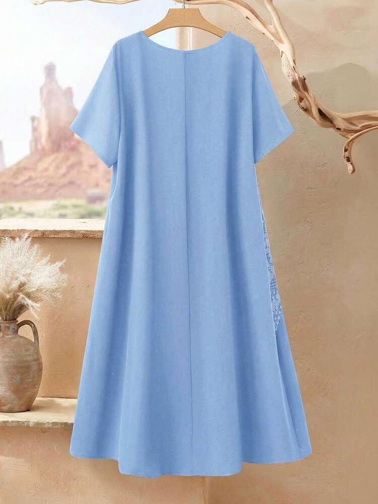 Plus Size Women Casual Patchwork Cashew Pattern Round Neck Short Sleeve Dress Women's Summer Dresses Women's Spring Dress Summer Dress Summer Outfits For Women Spring Clothing Spring Outfit Beach Outfits For Women Vacation Outfits Women Summer Holiday Outfits Country Style For Women Summer Dresses For Women Spring Dress Women Beach Dress Holiday Dresses Country Dress