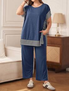 Rosumi Plus Size Striped Patchwork T-Shirt + Pants, Grey 2 Pieces Set - Dusty Blue - View 3