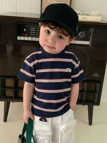 Toddler Boys' Casual Striped Round Neck Short Sleeve Top, Summer - Navy Blue - View 2