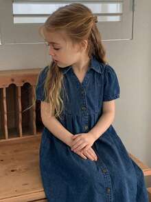 Girls' Casual Turndown Collar Washed Korean Style Versatile Solid Color Denim Dress - Blue - View 2