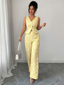 SHEIN Elenzya 女士夏季新款非洲雏菊提花压纹优雅休闲日常通勤商务套装蓝色背心和裤子两件套 - 淡黃色 - 查看 7